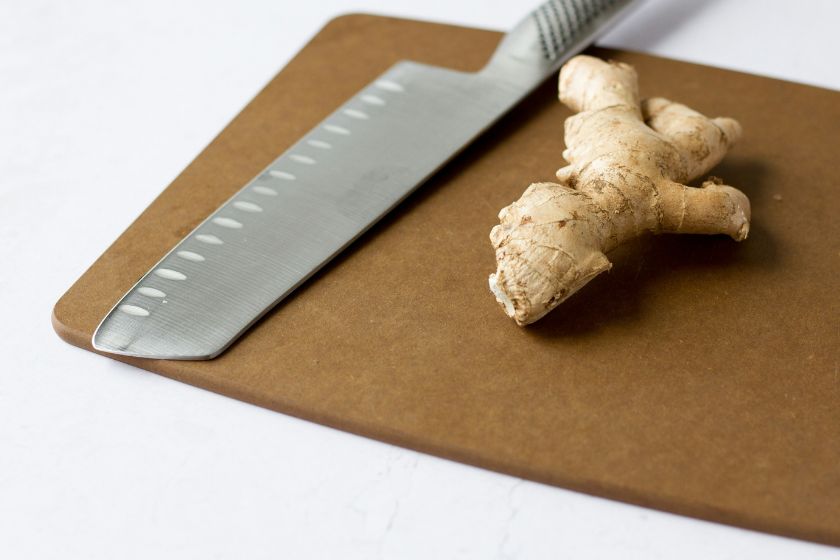 A ginger root on a cutting board.